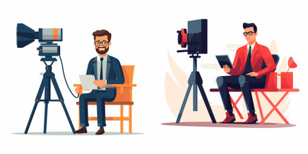 Photographer or videographer with camera on tripod. Vector illustration in cartoon style