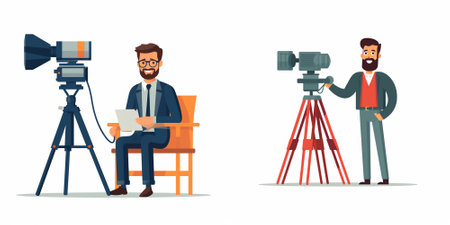 Photographer and videographer. Cameraman with camera and tripod. Vector illustration