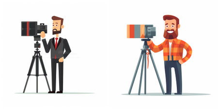 Photographer and videographer with camera on tripod. Vector illustration in cartoon style