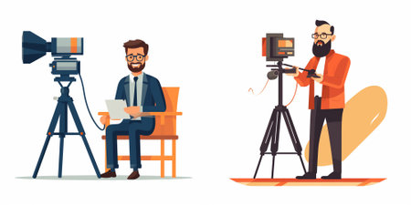 Cameraman and videographer with camera and laptop. Video recording. Vector illustration