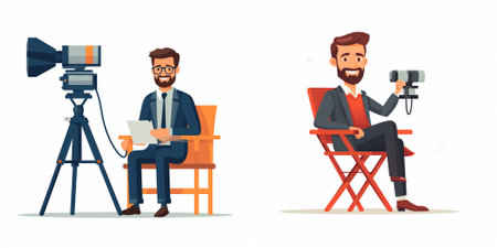 Photographer and videographer with camera and laptop. Vector illustration in cartoon style