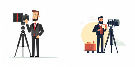 Journalist with camera on tripod. Journalist with camera. Vector illustration