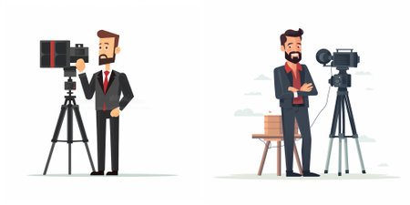 Cameraman and cameraman with professional camera. Vector illustration in cartoon style