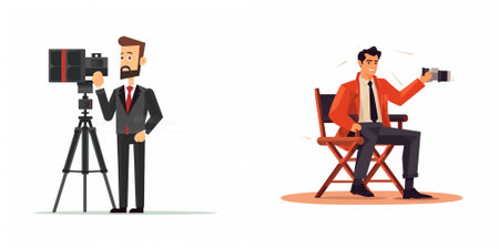 Photographer and cameraman with camera on tripod and chair. Vector illustration