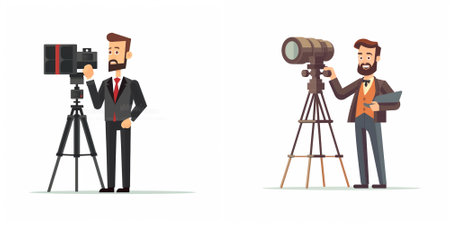 Journalist and cameraman with camera set, cartoon vector illustration.