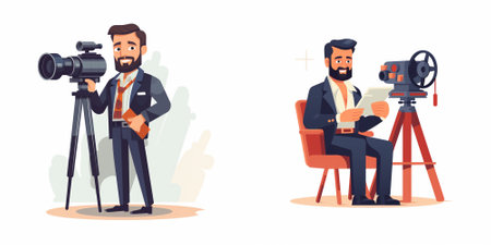 Professional videographer character set. Professional videographer with camera. Vector illustration...