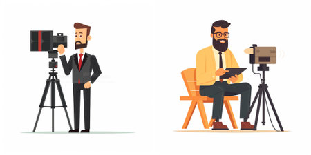 Photographer and cameraman with camera. Vector flat cartoon illustration.