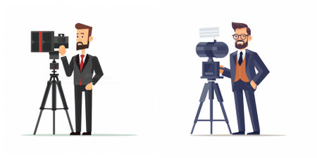 Photographer and cameraman set. Cameraman and videographer with camera. Vector illustration in...