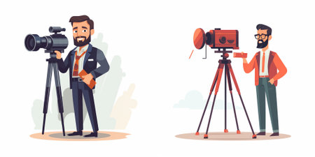 Photographer and cameraman with camera on tripod. Vector flat cartoon illustrationのイラスト素材