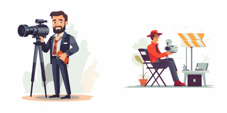 Journalist with camera and reporter. Vector illustration in cartoon style.