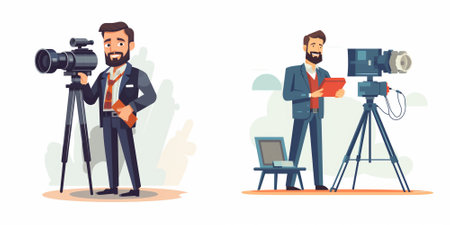 Photographer with camera. Cameraman with professional equipment. Professional cameraman with professional equipment. Vector illustration in flat styleのイラスト素材