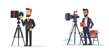 Journalist with camera on tripod. Journalist with camera on tripod. Vector illustration in cartoon...