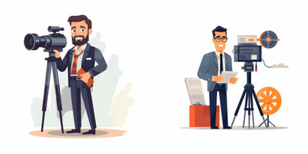 Photographer, cameraman and videographer with camera. Vector flat cartoon illustration