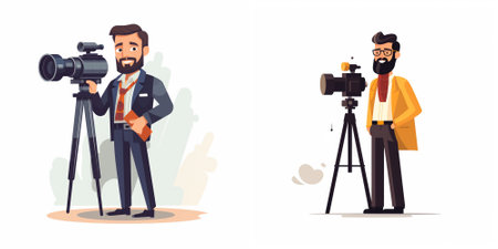Photographer and cameraman with professional camera. Vector illustration in cartoon style