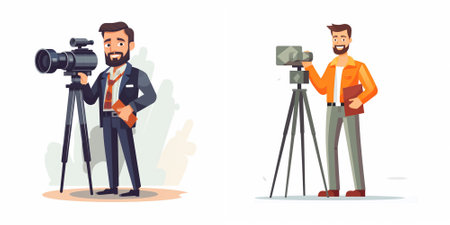 Cameraman and videographer with professional video camera on tripod. Vector illustration in cartoon styleのイラスト素材