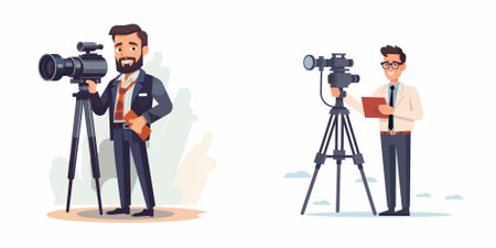 Journalist with camera. Cameraman with professional equipment. Vector illustration in cartoon style