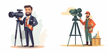 Cameraman and videographer with camera. Vector flat cartoon illustration