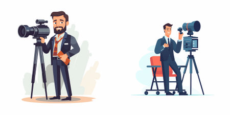 Journalist and cameraman with camera. Vector illustration in cartoon style