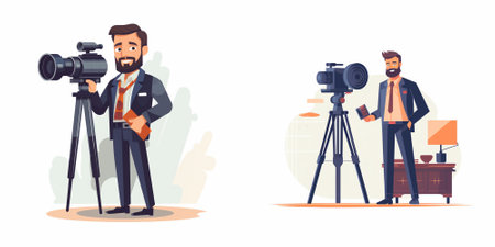 Journalist with camera on tripod. Professional journalist with professional equipment. Vector...