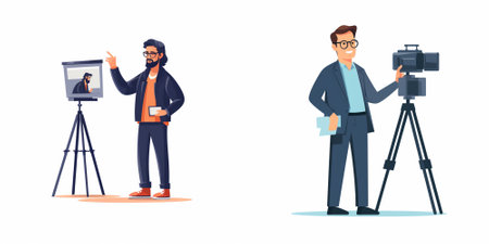 Journalist and cameraman with camera. Vector flat cartoon illustration.