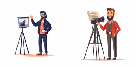 Journalist, videographer and cameraman with camera on tripod. Vector illustration in cartoon style