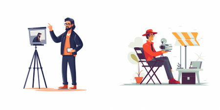 Cinema director and cameraman. Film crew with camera. Vector flat cartoon illustration