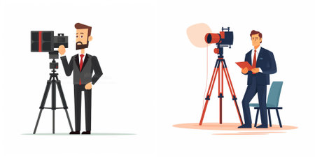 Photographer and cameraman. Cameraman with camera on tripod. Camera on tripod. Vector illustration...