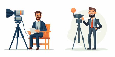 Cameraman and videographer with camera. Vector illustration in cartoon style