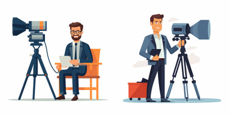 Journalist with camera and video camera. Vector illustration in cartoon style