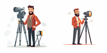 Photographer and cameraman with professional camera on tripod. Vector illustration