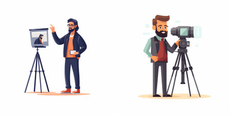 Journalist and cameraman with camera. Vector flat cartoon character illustration