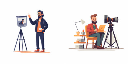 Photographer or videographer recording video on camera. Man with beard and mustache making a...