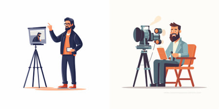 Cinema set. Filmmaker with camera on tripod. Flat vector illustration