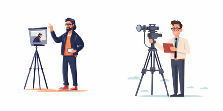 Journalist with camera and microphone. Journalist with camera on tripod. Vector illustration in...