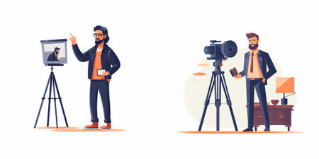 Journalist with camera on tripod. Cameraman with professional equipment, cameraman with camera....