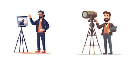 Journalist and videographer with camera and tripod. Vector illustration in cartoon style
