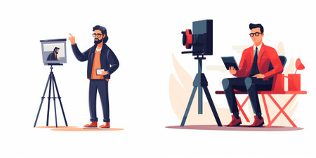 Journalist with camera on tripod. Man in red jacket, glasses and black jacket recording video. Male...