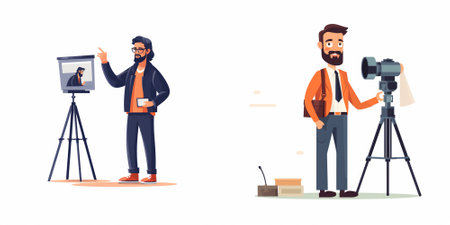 Journalist or reporter with camera and tripod. Vector flat cartoon illustration