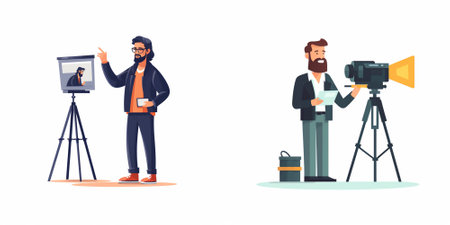 Journalist and cameraman with camera. Set of flat vector illustrations.