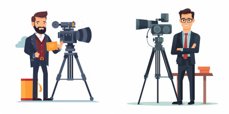 Journalist and cameraman. Cameraman with camera, reporter and journalist. Vector illustration in...