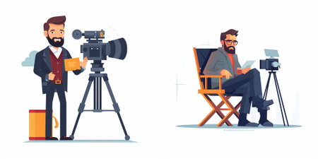 Cinema director with camera and film crew. Filmmaker with camera. Vector illustration