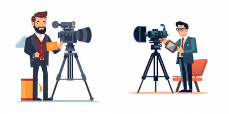Cameraman, videographer and cameraman with camera on tripod. Vector illustration