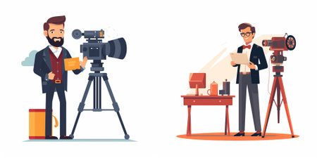 Photographer, cameraman, videographer and cameraman. Cameraman with camera on tripod. Vector illustrationのイラスト素材