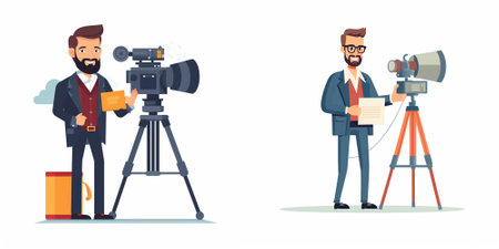 Journalist with camera. Cameraman with camera. Professional journalist. Vector illustration in flat...