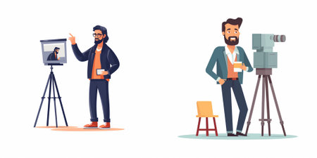 Journalist or cameraman with camera and tripod set. Cartoon vector illustration