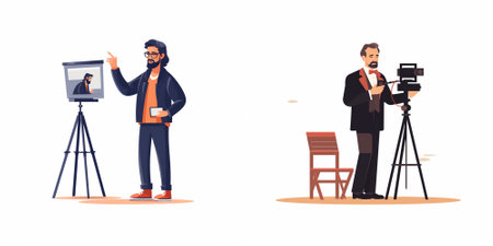 Journalist with camera on tripod. Journalist with camera and interview. Vector illustration in...
