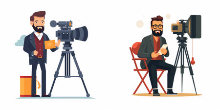 Cinematographer and videographer with camera. Filmmaker in a red jacket and black leather jacket....