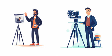 Cinema director and cameraman with camera on tripod. Filmmaker in glasses and jacket with professional equipment. Vector flat cartoon illustrationのイラスト素材