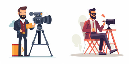 Journalist and cameraman with camera. Cameraman with camera and film crew. Vector illustration