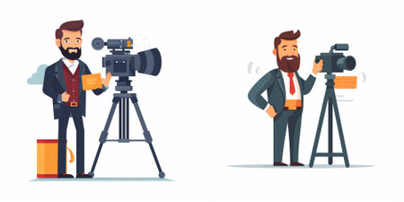 Cameraman with camera. Cameraman with a beard and mustache. Vector illustration in a flat style